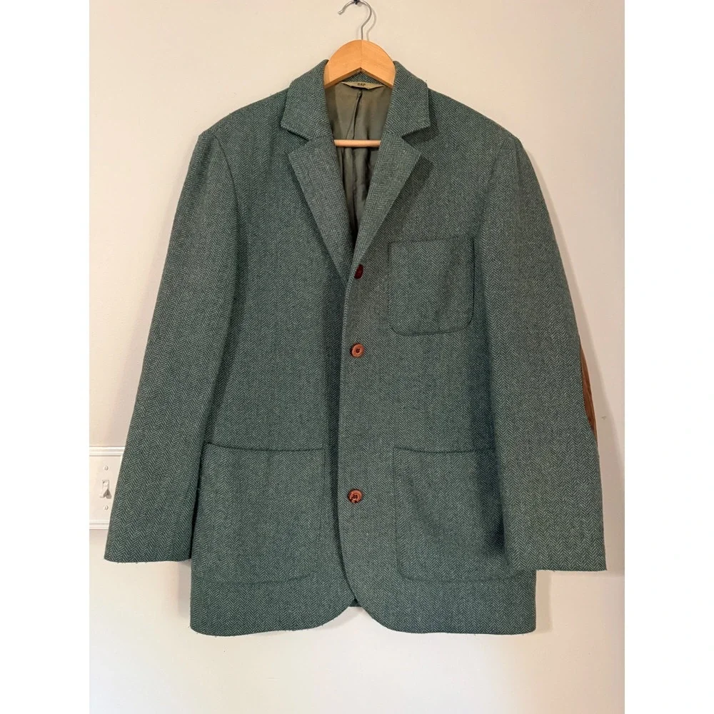 Vintage GAP Herringbone Blazer M Green Wool Blend Elbow Patches Academic preppy